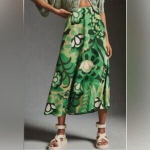 Anthro FARM Rio Green Floral Midi Skirt Size L Boho Tropical Print